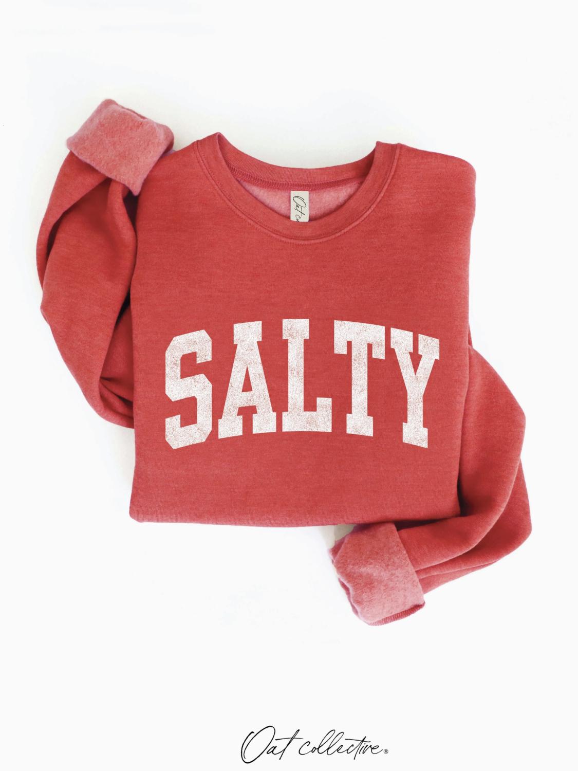 Cranberry heather red sweatshirt with "SALTY" in white vintage-style block letters across the chest.