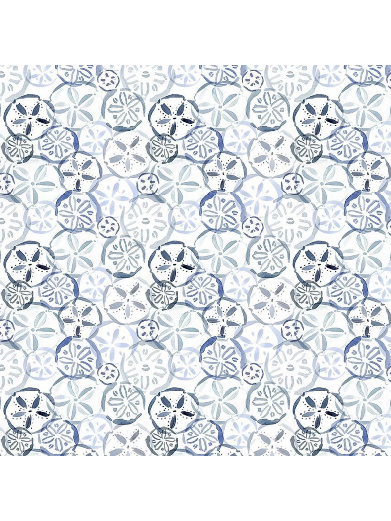 Watercolor fabric featuring a repeating pattern of overlapping indigo and blue sand dollars on a clean white background.