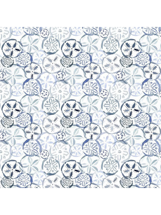 Watercolor fabric featuring a repeating pattern of overlapping indigo and blue sand dollars on a clean white background.