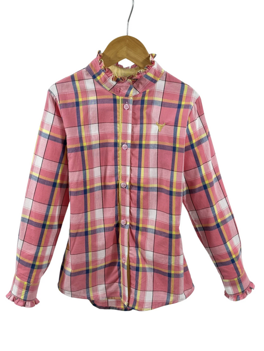 Zara Jnr - Pink Pop Check Ruffle Collar Long Fronted Ruffle Shirt - Baby & Toddler