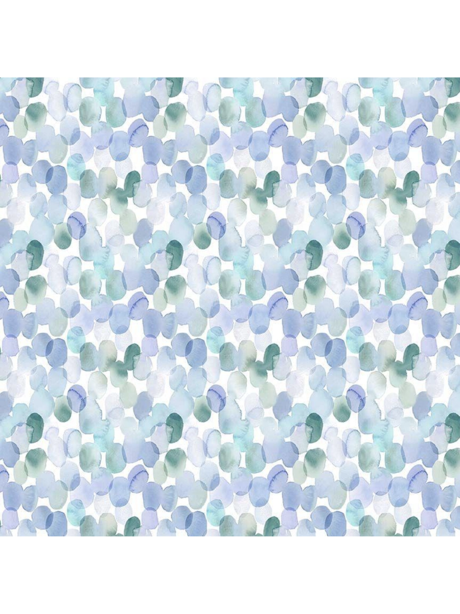 Watercolor fabric pattern featuring translucent, overlapping pebbles in shades of light blue, teal, and soft purple on a white background.