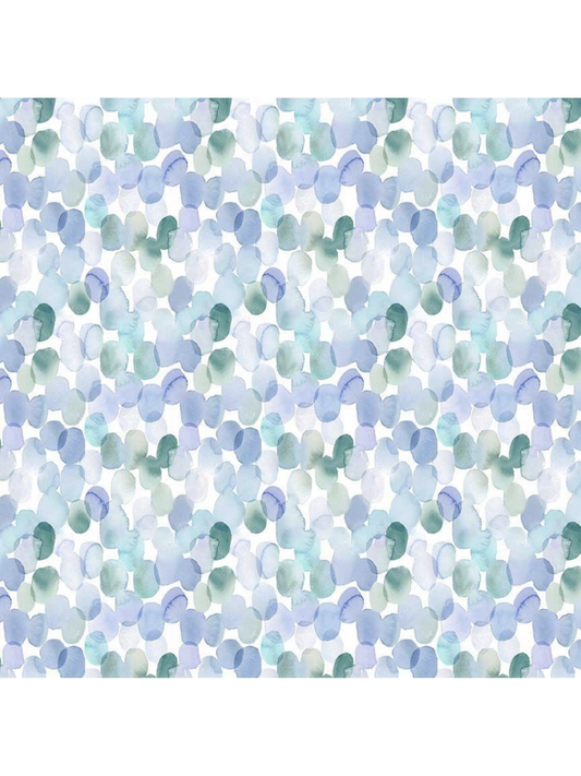 Watercolor fabric pattern featuring translucent, overlapping pebbles in shades of light blue, teal, and soft purple on a white background.