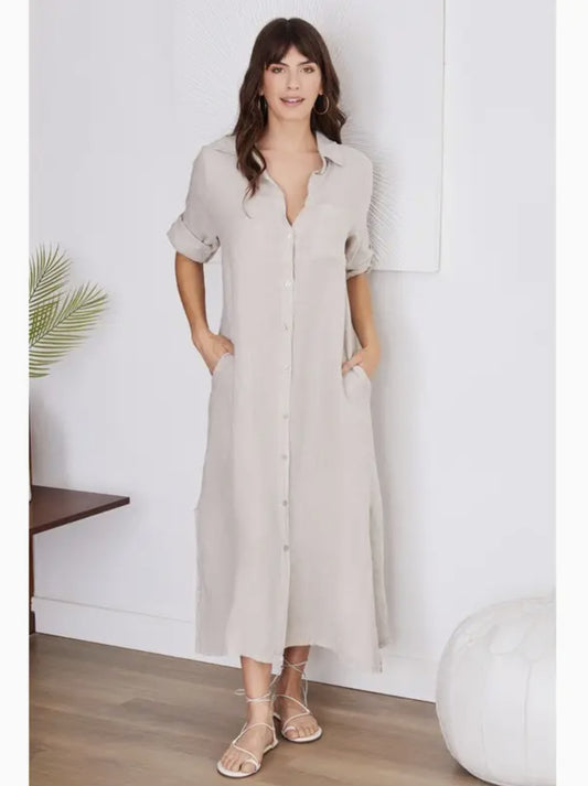 Short Sleeve Button Down Linen Long Dress - by Venti6® (Beige Color)
