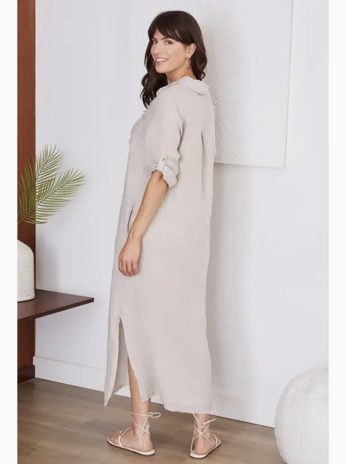 Short Sleeve Button Down Linen Long Dress - by Venti6® (Beige Color)