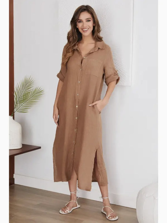 Short Sleeve Button Down Linen Long Dress - by Venti6® (Camel Color)