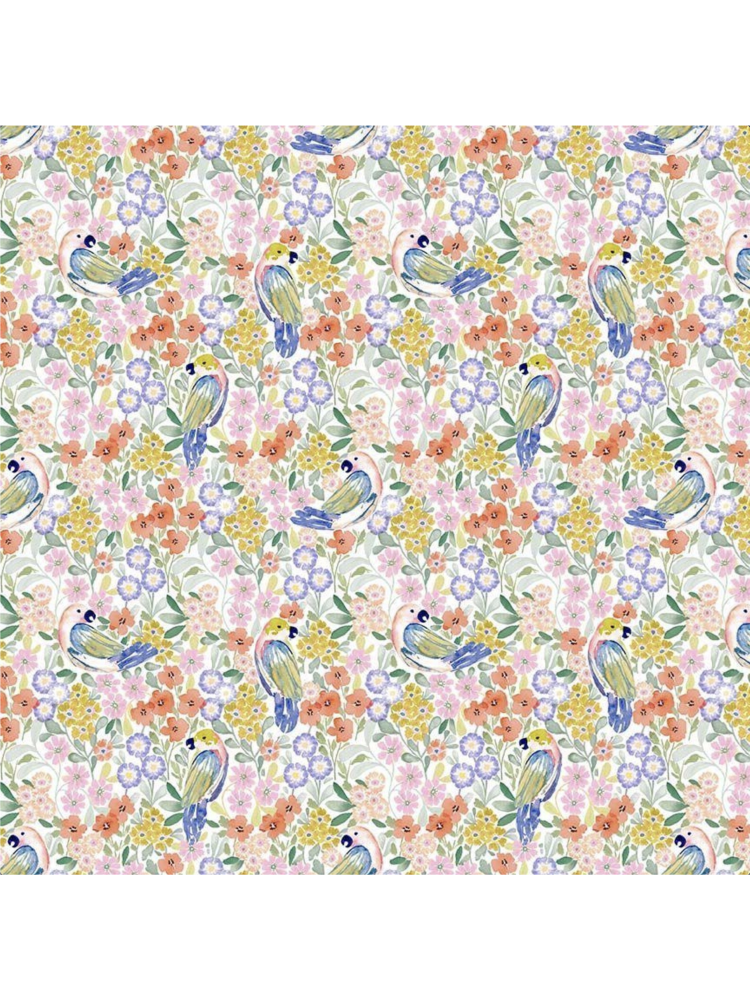 Watercolor fabric pattern featuring blue birds and orange butterflies among colorful paint splashes on a white background.