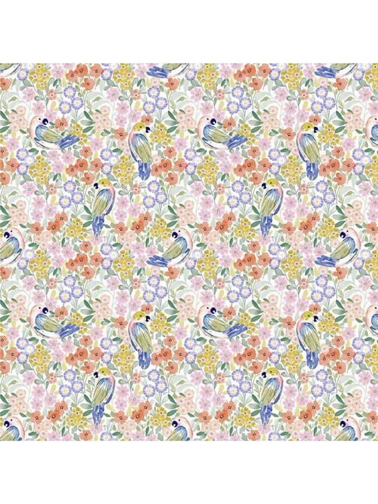 Watercolor fabric pattern featuring blue birds and orange butterflies among colorful paint splashes on a white background.