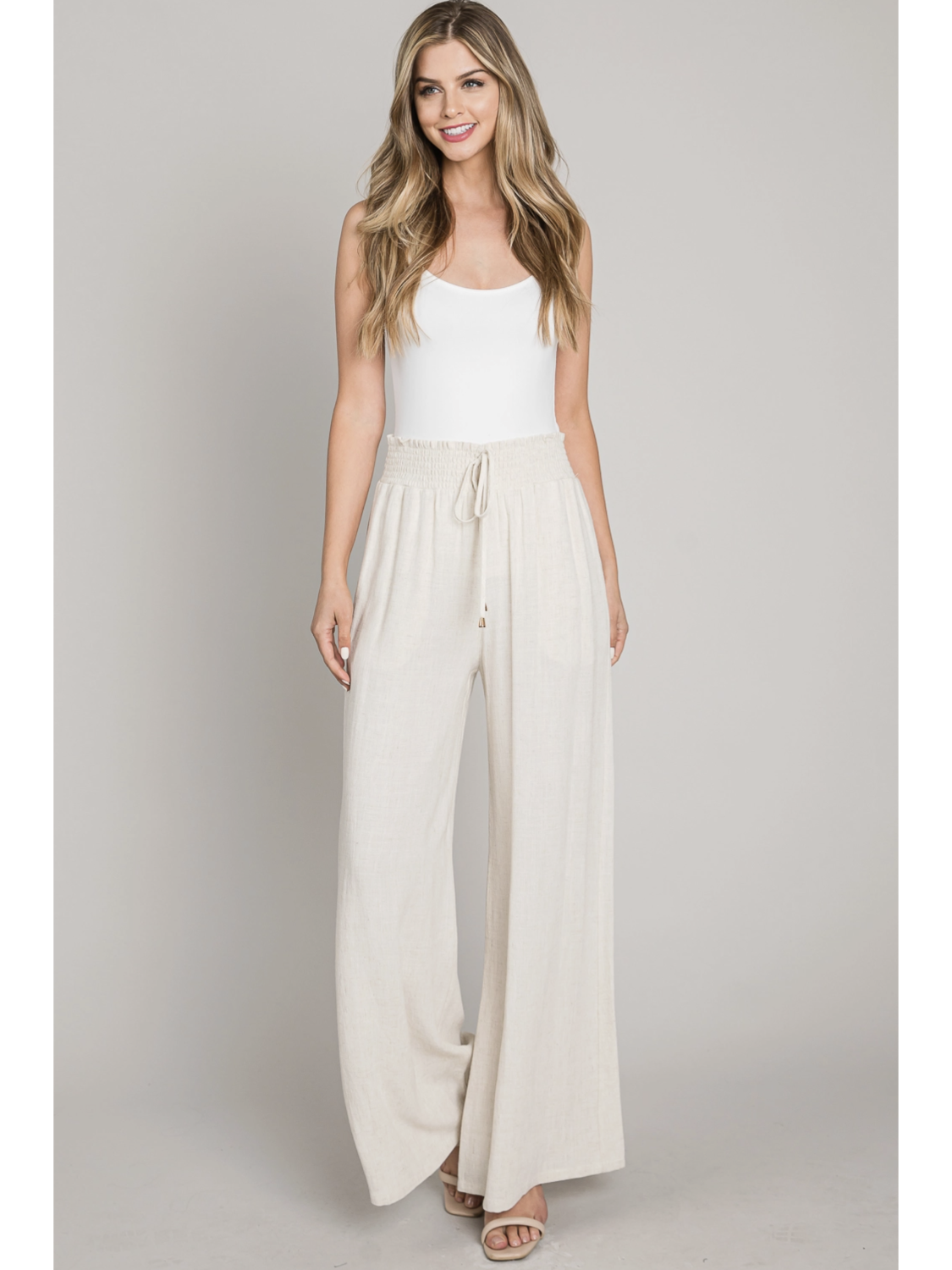 Soft Linen Smocked Waist Wide Leg Pants - by Allie Rose®