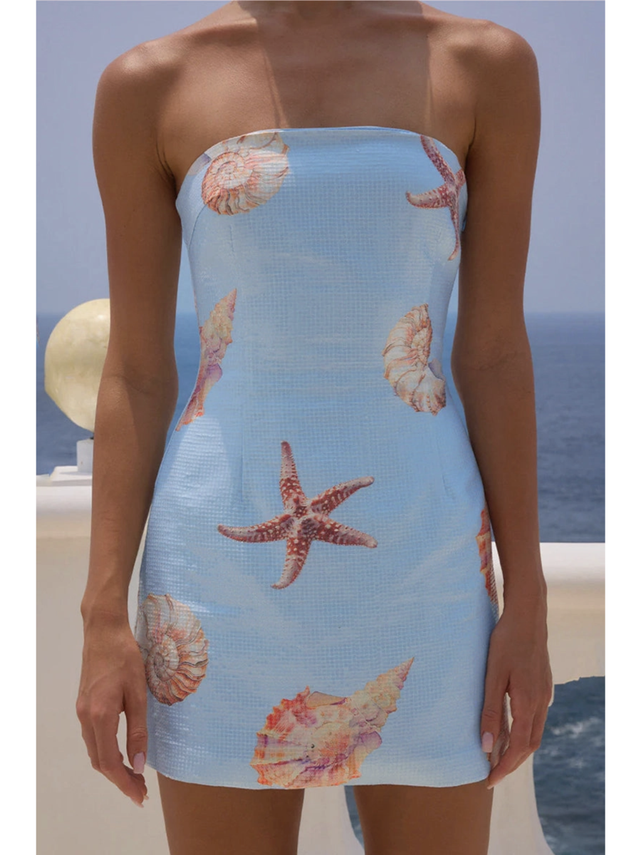 Strapless Starfish Print Dress (Blue color) - by Mccolin