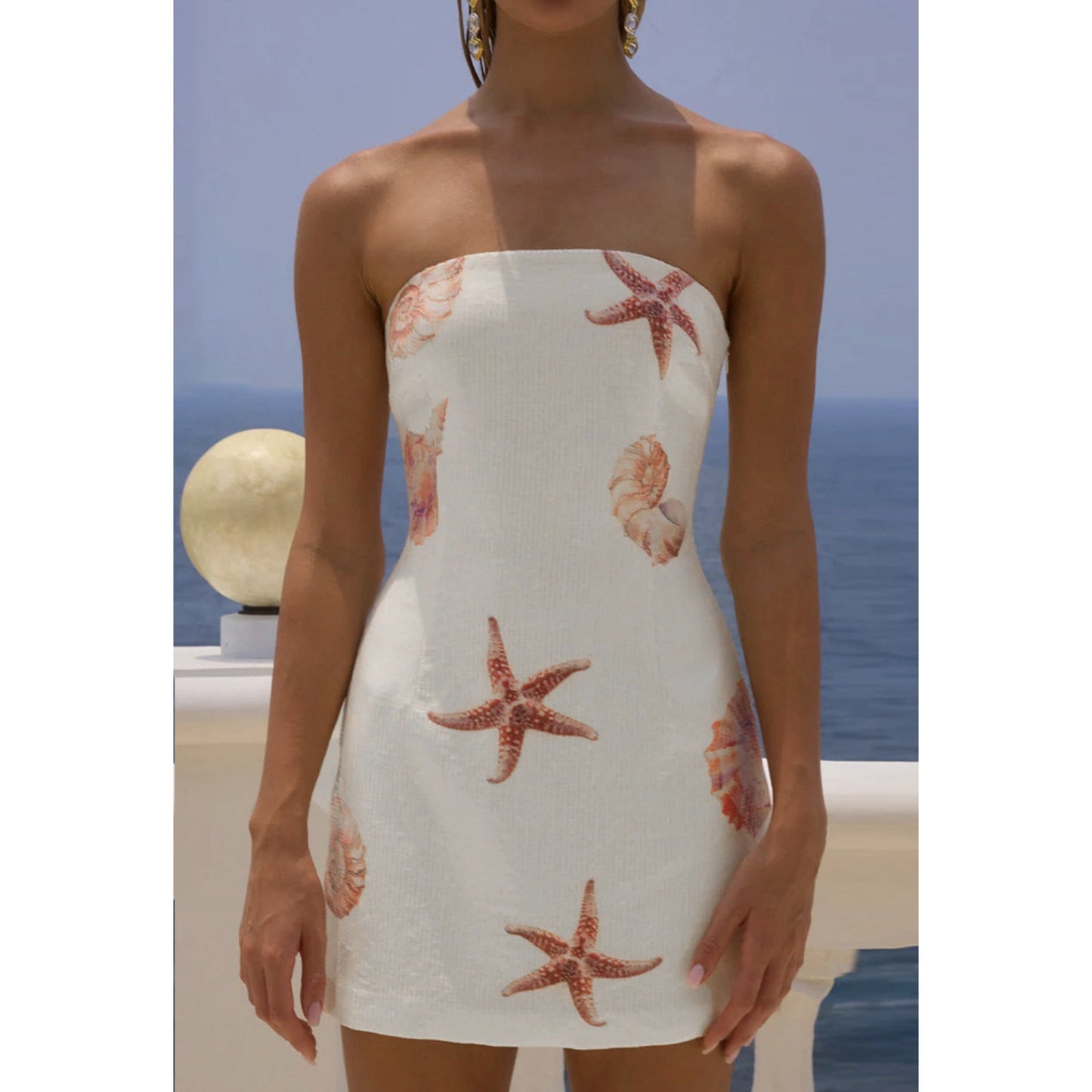 Strapless Starfish Print Dress (Beige color) - by Mccolin