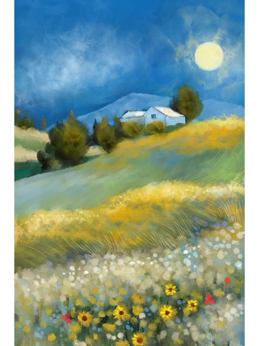 A colorful landscape painting of a sunlit hillside with a small white house, blue sky, moon, trees, and a foreground field of yellow, white, and red flowers.
Artwork by @thomas.litle.design