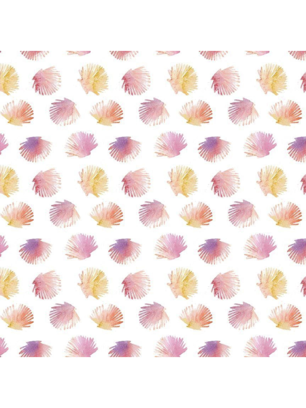 Watercolor fabric pattern of scallop shells in peach, pink, and purple tones on a white background, perfect for coastal sewing and decor.