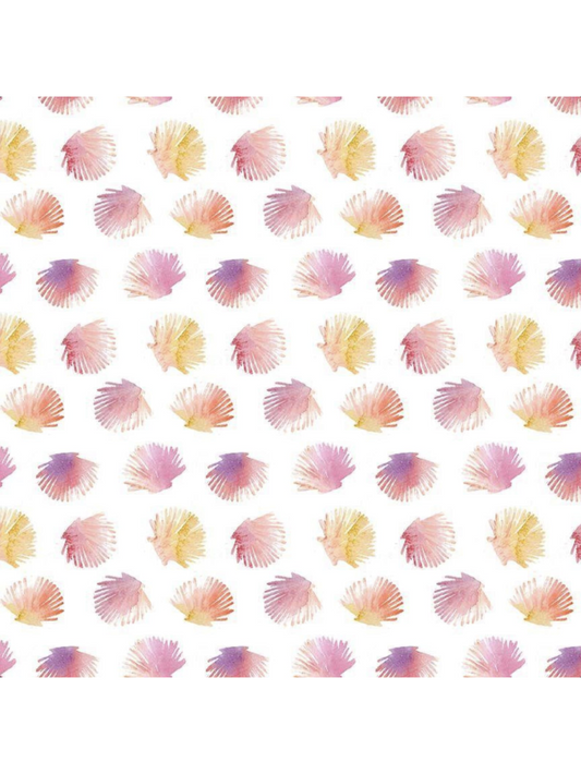 Watercolor fabric pattern of scallop shells in peach, pink, and purple tones on a white background, perfect for coastal sewing and decor.