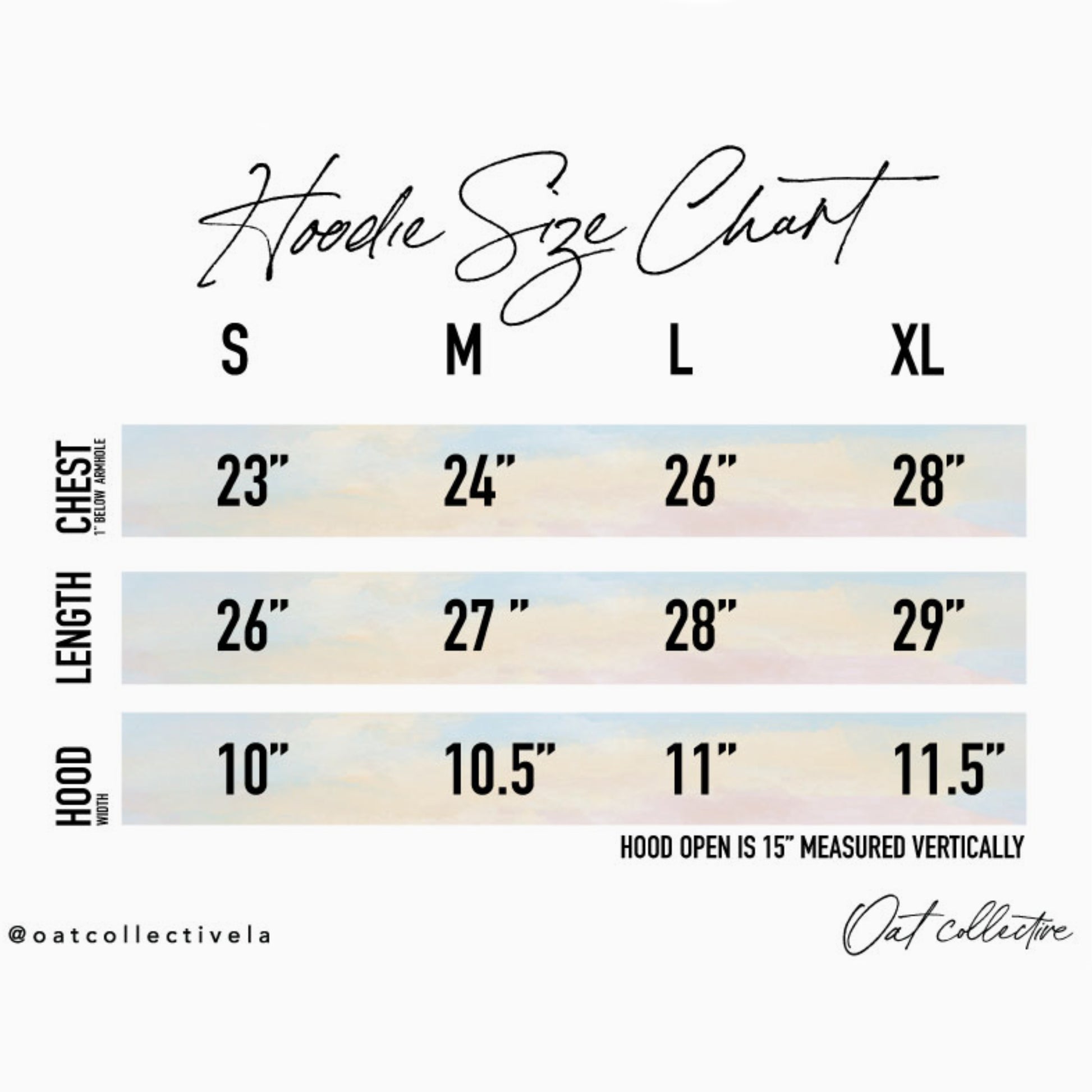 Hoodies sizes chart.