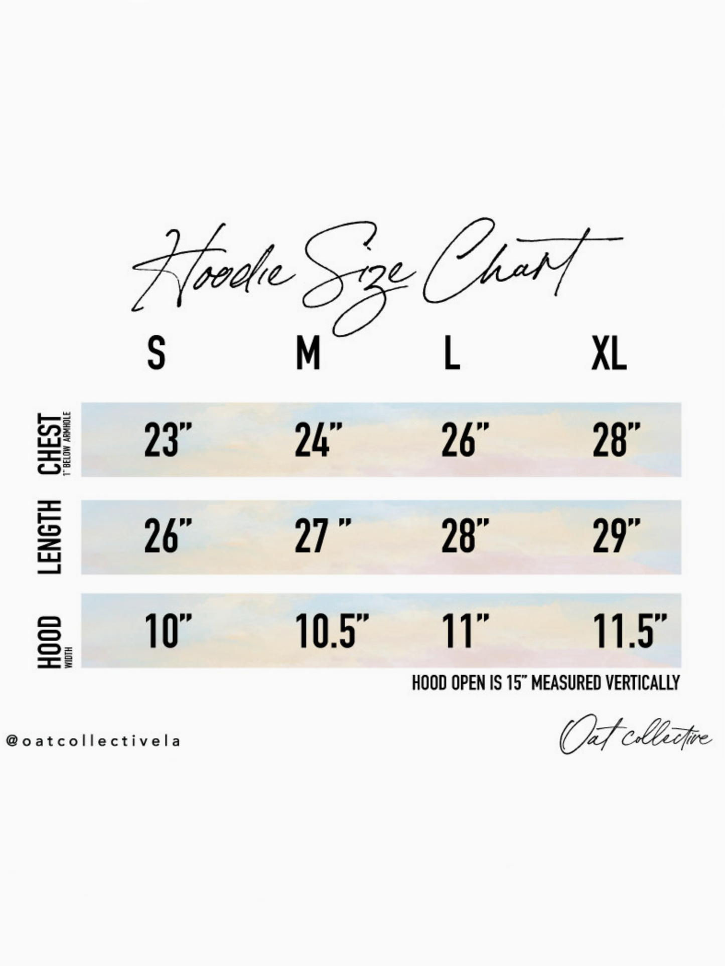 Hoodie size chart with measurements for chest, length, and hood on a white background.