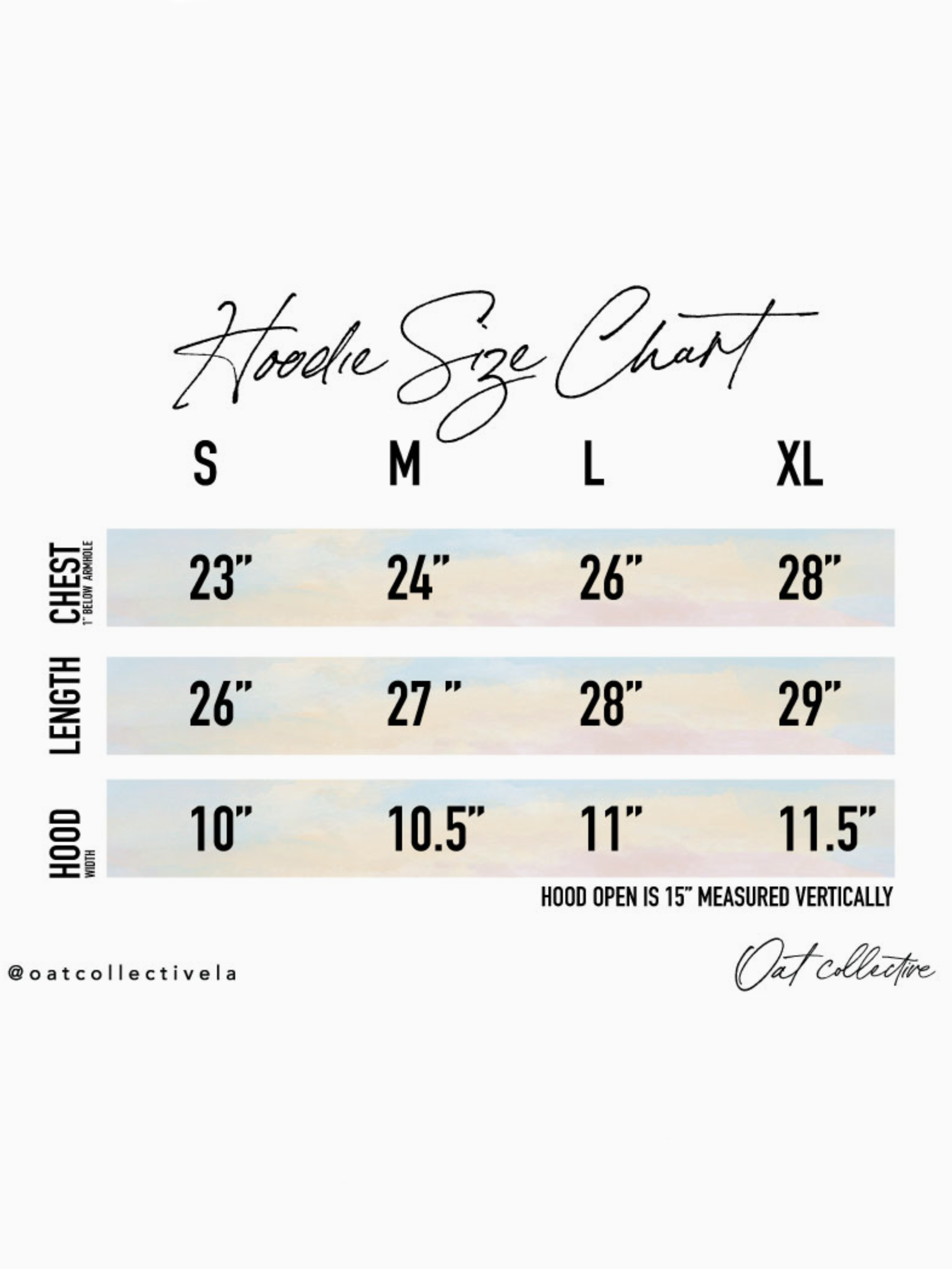 Hoodie size chart with measurements for chest, length, and hood on a white background.