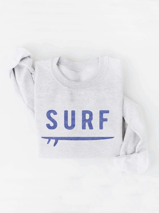 White sweatshirt with 'SURF' printed in blue on a white background