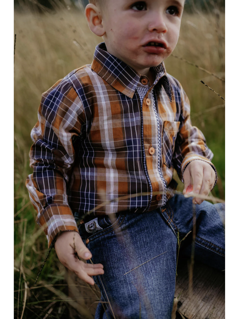 TJ Baby - Brown Checked Long Sleeve Romper - Baby & Toddler