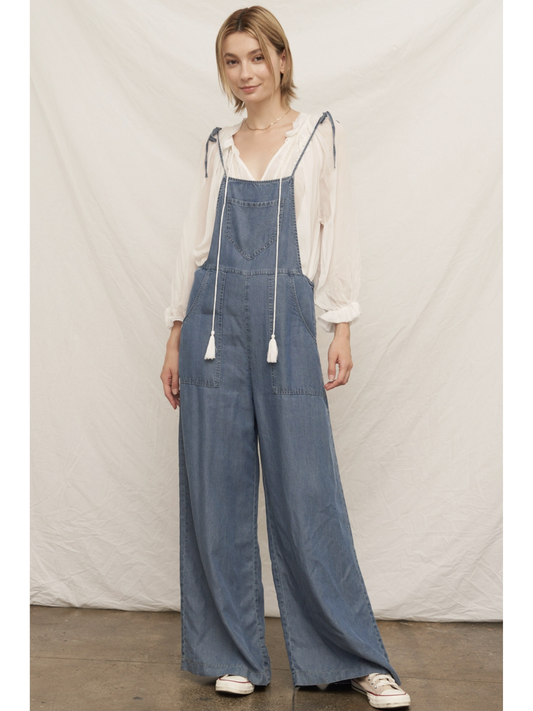 Tie Shoulder Soft Denim Jumpsuit (Blue) - by En Creme®