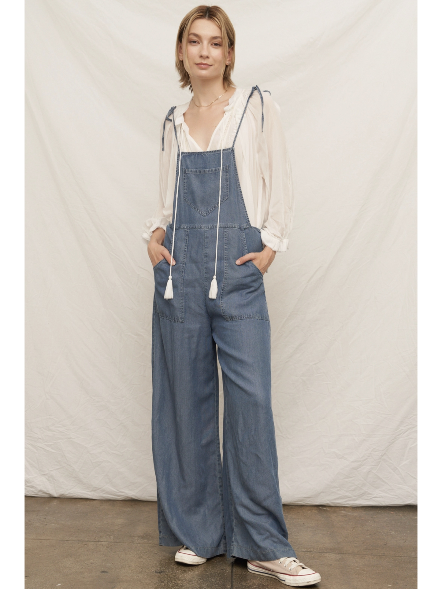 Tie Shoulder Soft Denim Jumpsuit (Blue) - by En Creme®