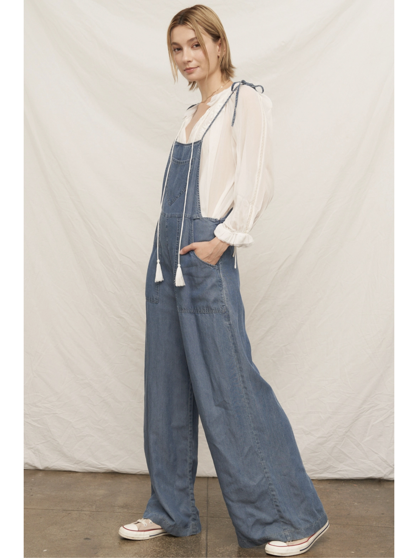 Tie Shoulder Soft Denim Jumpsuit (Blue) - by En Creme®