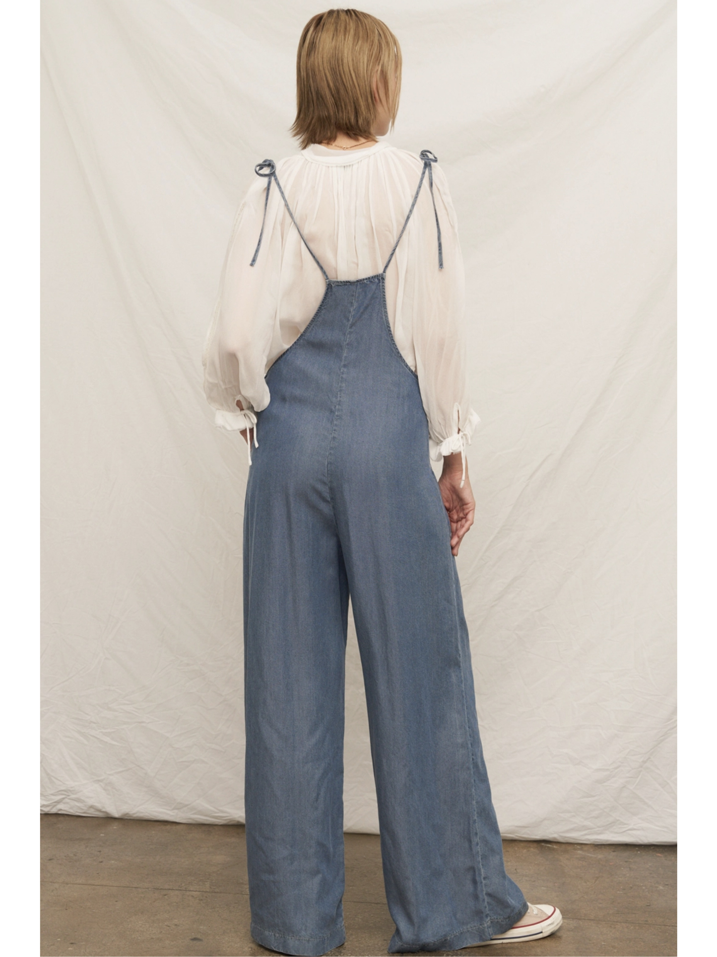 Tie Shoulder Soft Denim Jumpsuit (Blue) - by En Creme®
