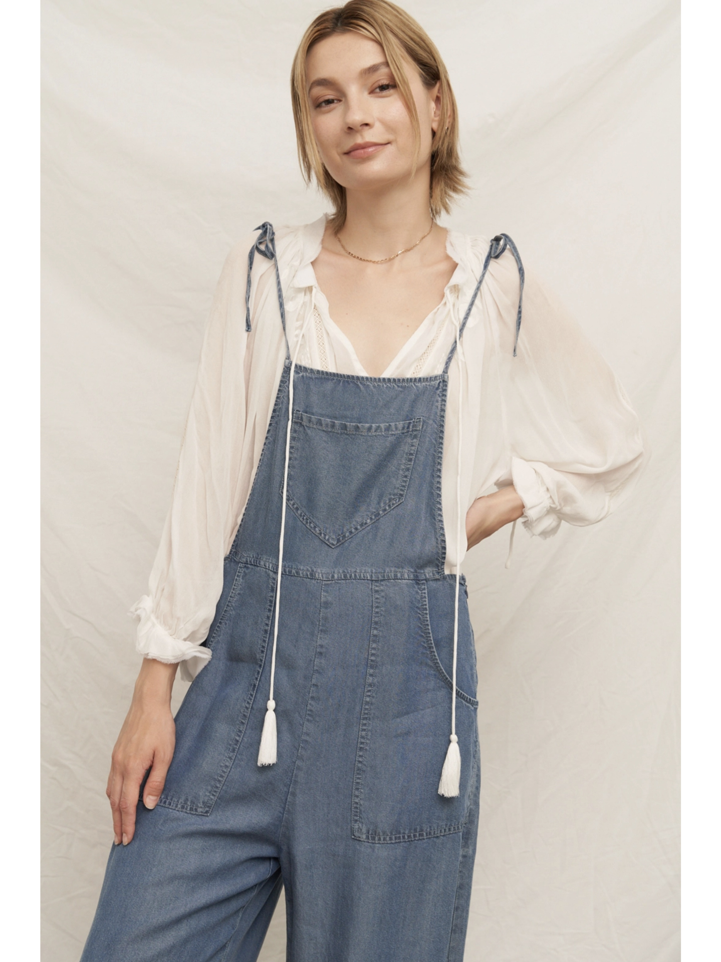 Tie Shoulder Soft Denim Jumpsuit (Blue) - by En Creme®
