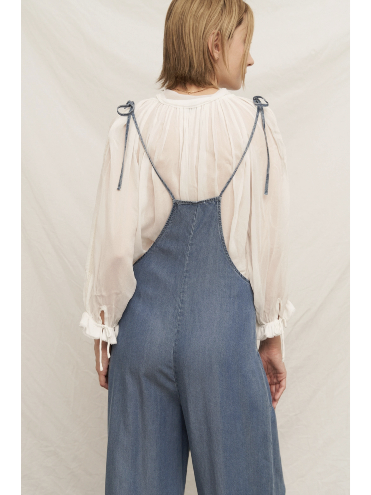 Tie Shoulder Soft Denim Jumpsuit (Blue) - by En Creme®