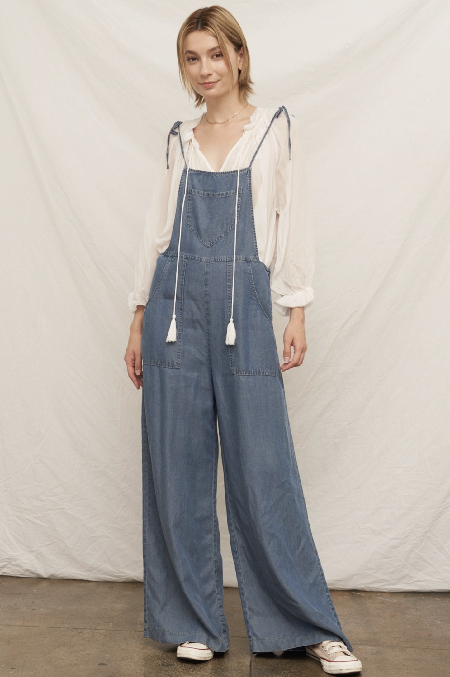 Tie Shoulder Soft Denim Jumpsuit - by En Creme®