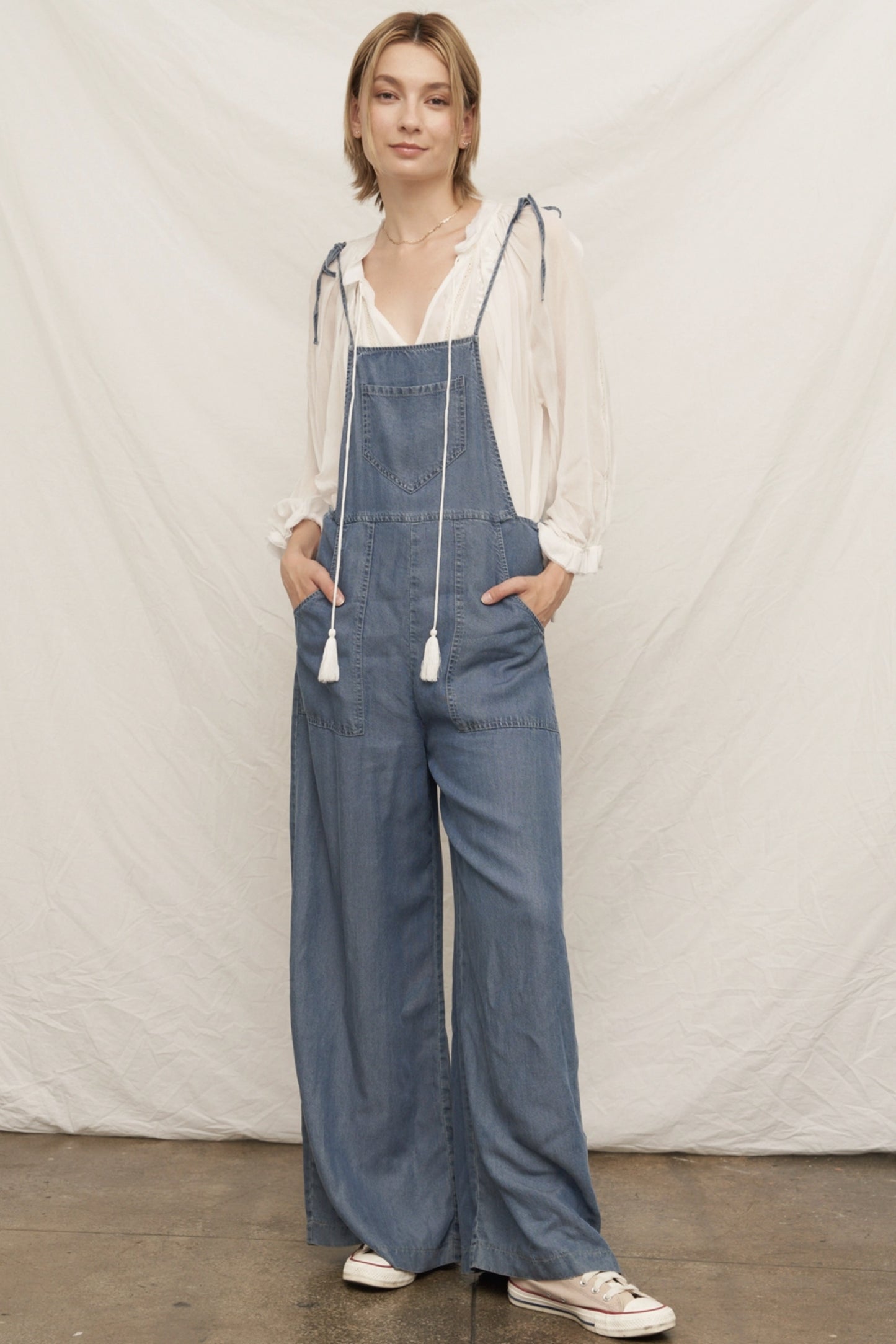 Tie Shoulder Soft Denim Jumpsuit - by En Creme®