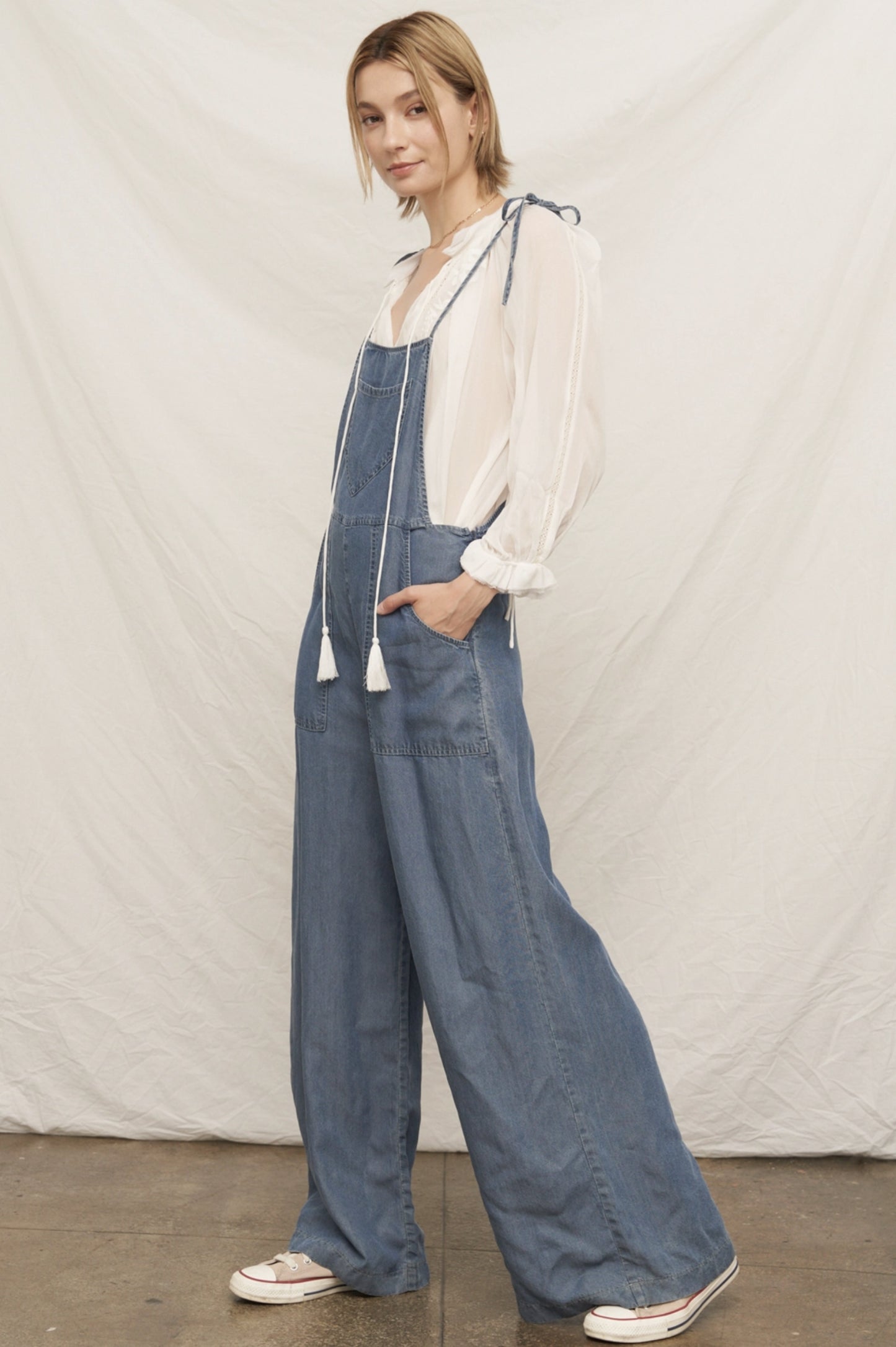Tie Shoulder Soft Denim Jumpsuit - by En Creme®
