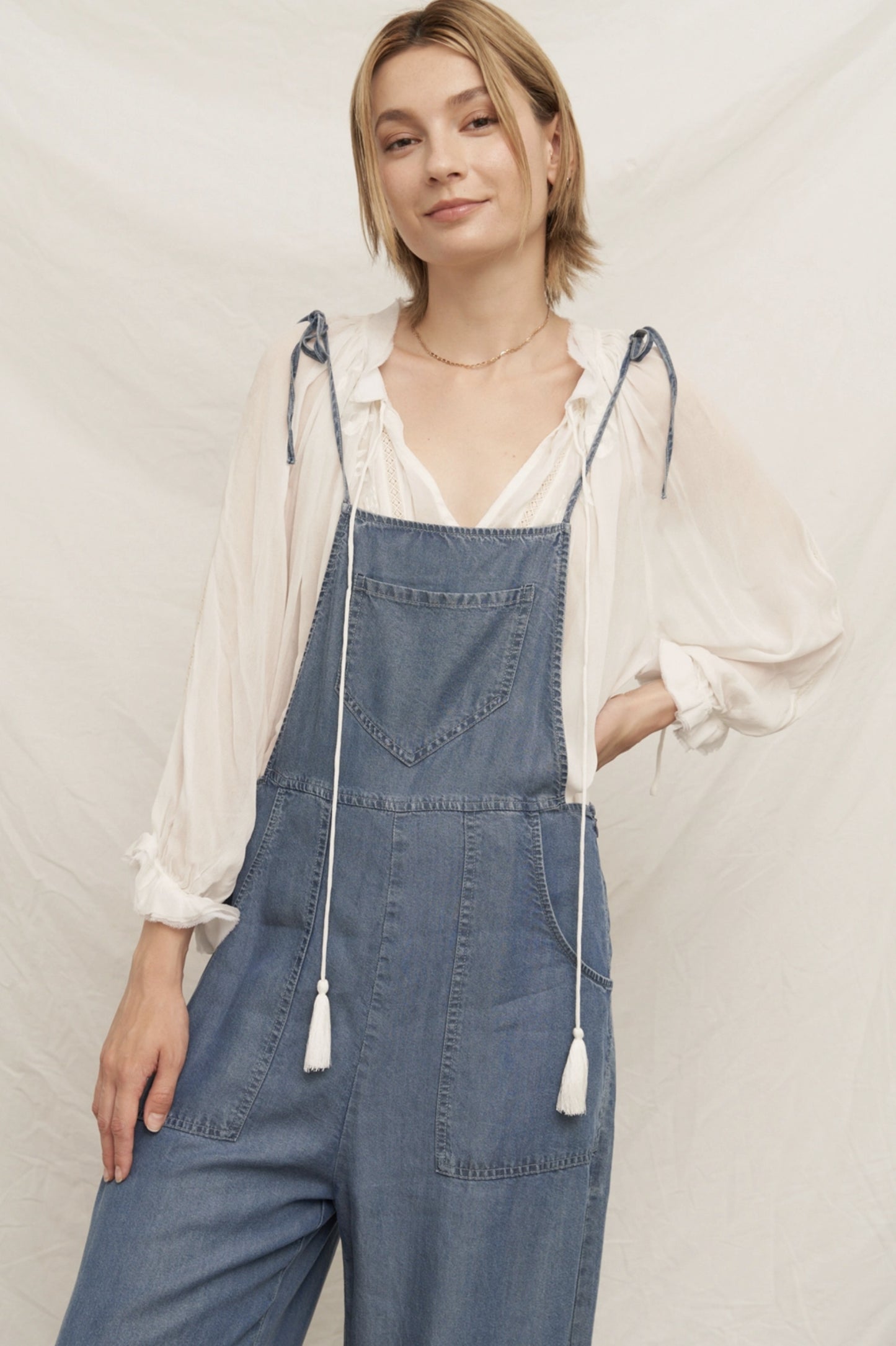 Tie Shoulder Soft Denim Jumpsuit - by En Creme®