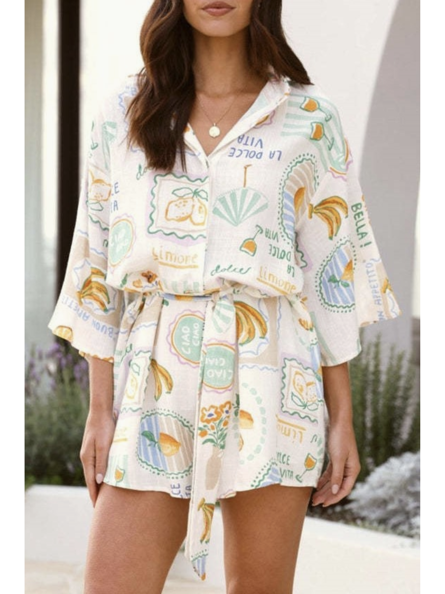 Tropical Fruit Print Oversized Button Short Sleeve Romper - by Rosa Clothing®