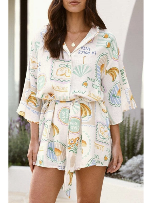 Tropical Fruit Print Oversized Button Short Sleeve Romper - by Rosa Clothing®