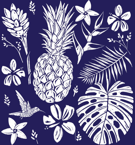 Tropical Pineapple (Dark Blue color) - Little Ocean Blue Studio - Fabric By The Yard - 100% Cotton