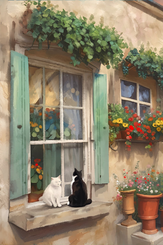 Two Cats in the Windowsill - Illustrated Print by Thomas Little