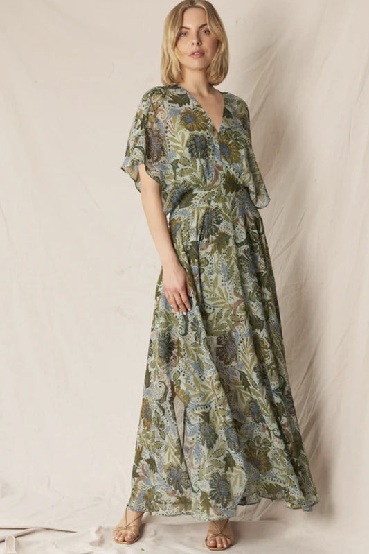 V-Neck Printed Gauze Maxi Dress - by En Creme®