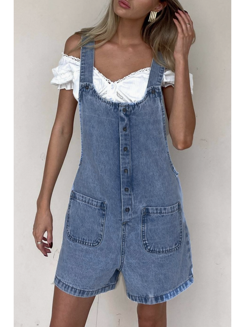Vintage Washed Denim Short Overalls Short Dungaree - by Rosa Clothing®