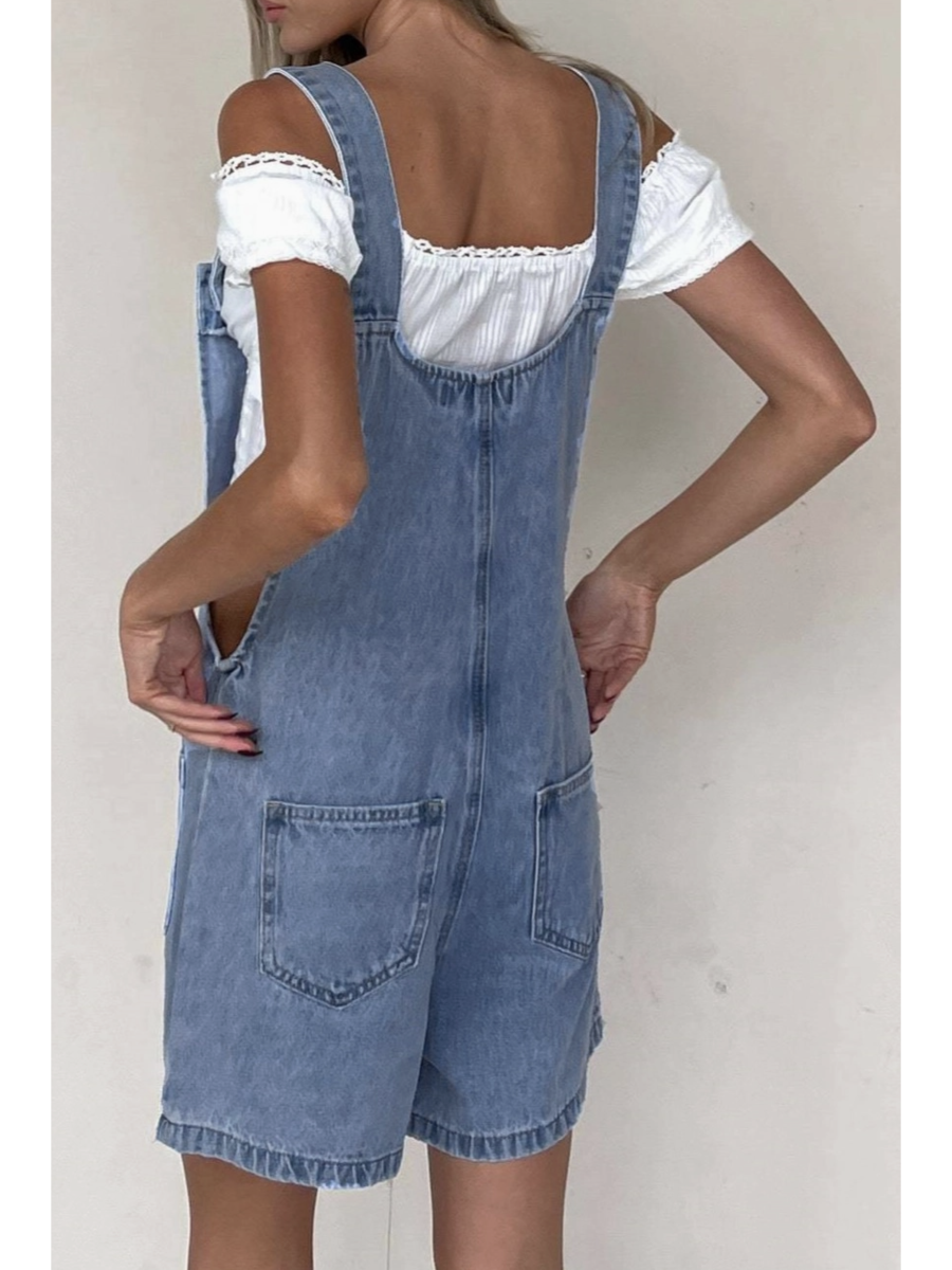Vintage Washed Denim Short Overalls Short Dungaree - by Rosa Clothing®