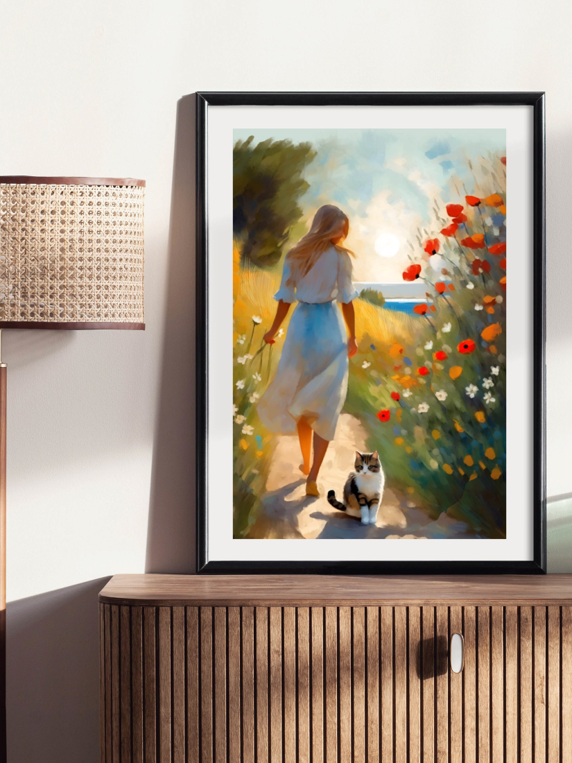 Framed artwork mockup of Whimsical painting of a sandy path winding through coastal dunes toward a bright blue ocean in a painterly, artisanal style by @thomas.little.design.