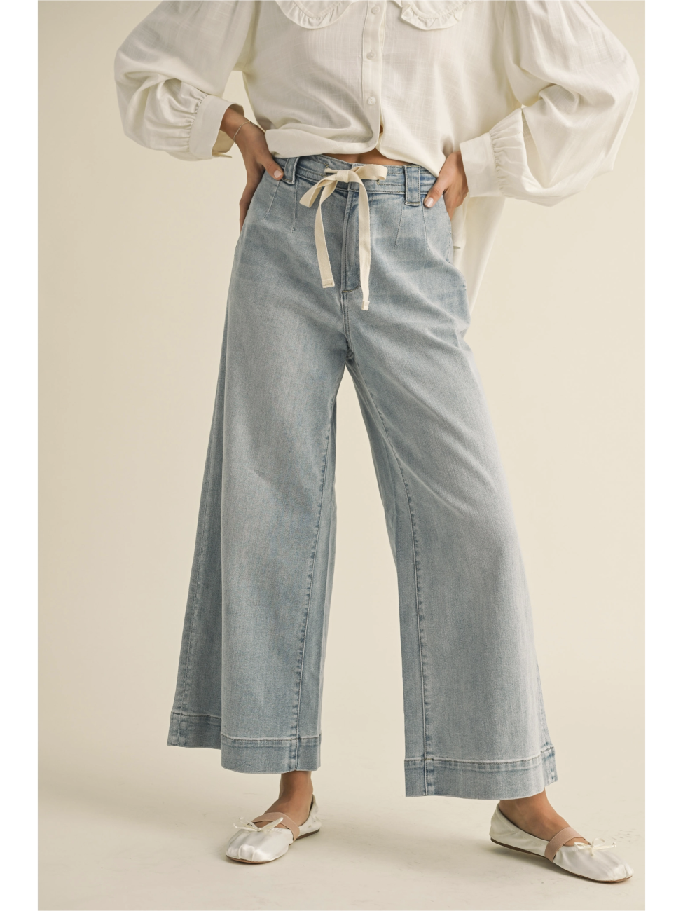 Washed Denim with Tie Front Pants - by Miou Muse®