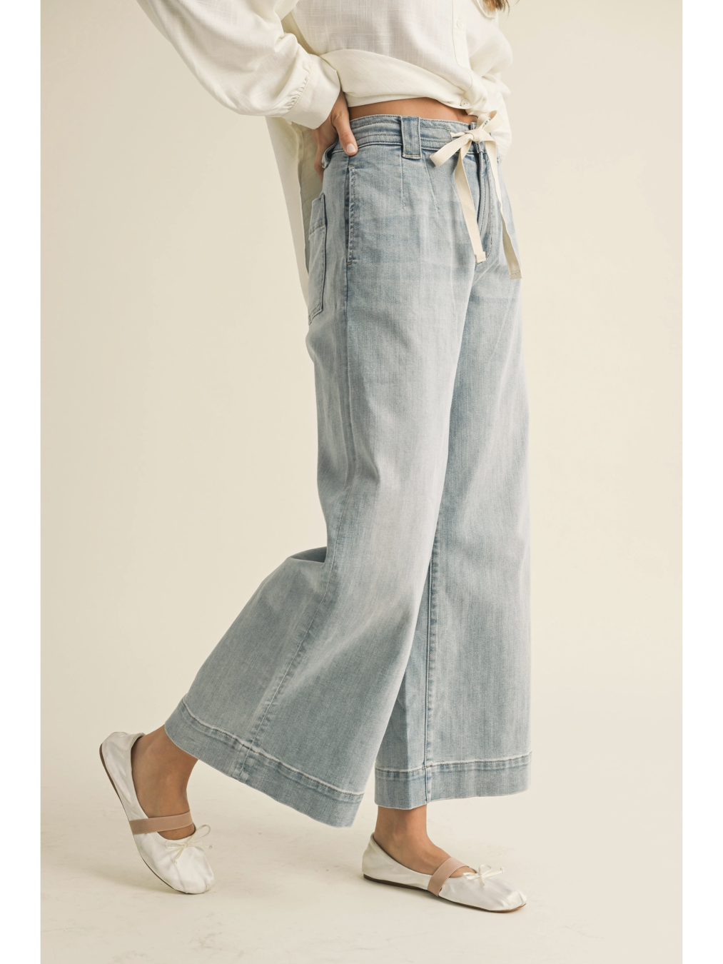 Washed Denim with Tie Front Pants - by Miou Muse®
