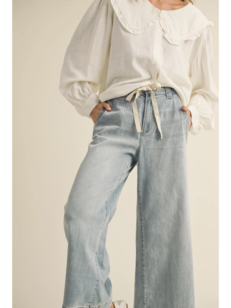 Washed Denim with Tie Front Pants - by Miou Muse®