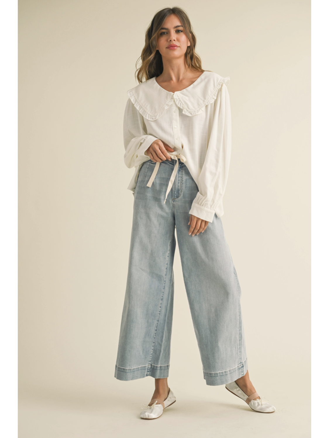Washed Denim with Tie Front Pants - by Miou Muse®