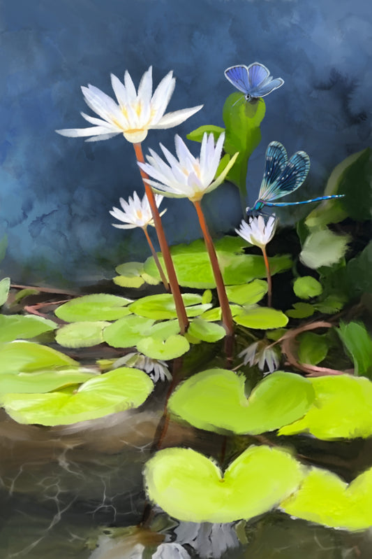 Water Lilies Blue Butterfly and Damselfly - Illustrated Print by Thomas Little