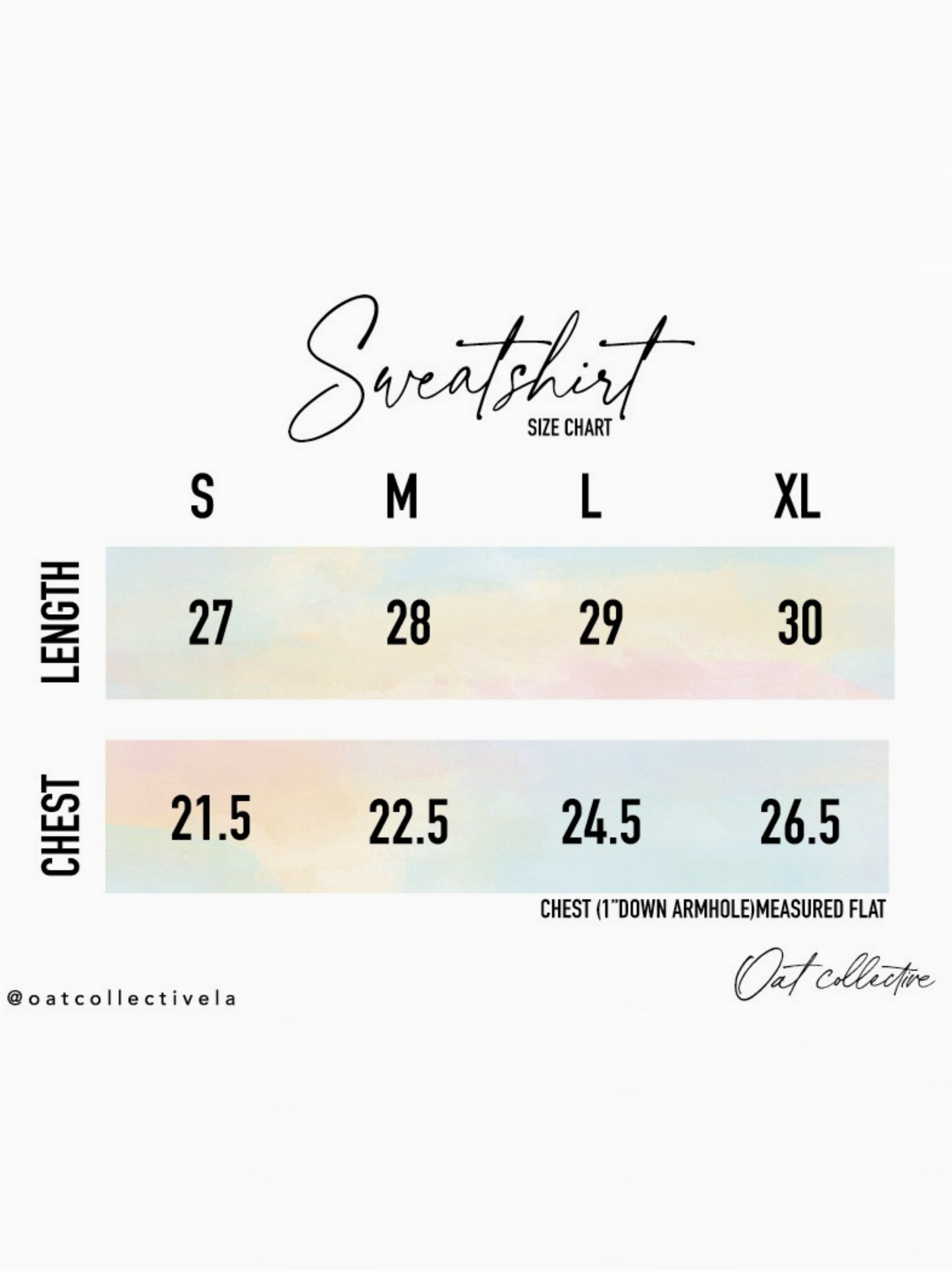 Sweatshirt size chart with length and chest measurements on a white background