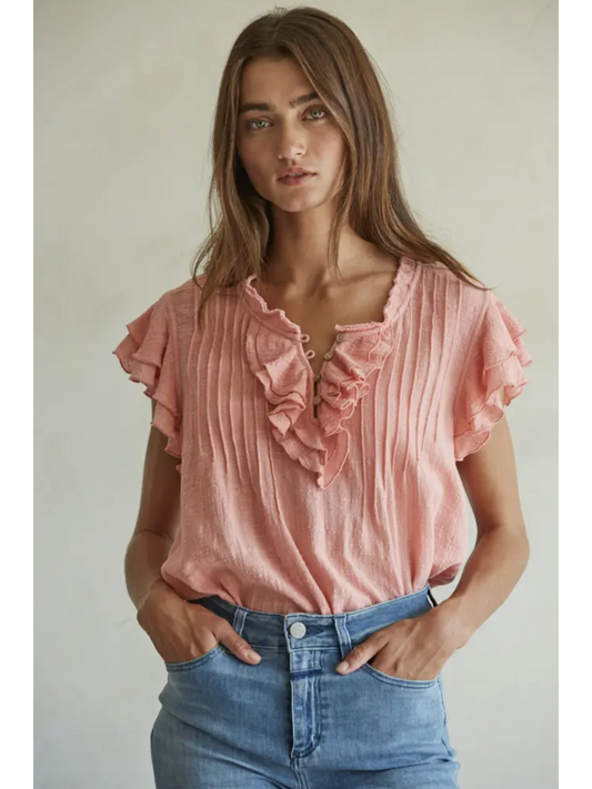 Woven Cotton Linen Button V-Neck Short Sleeve Top (Coral color) - by By Together®