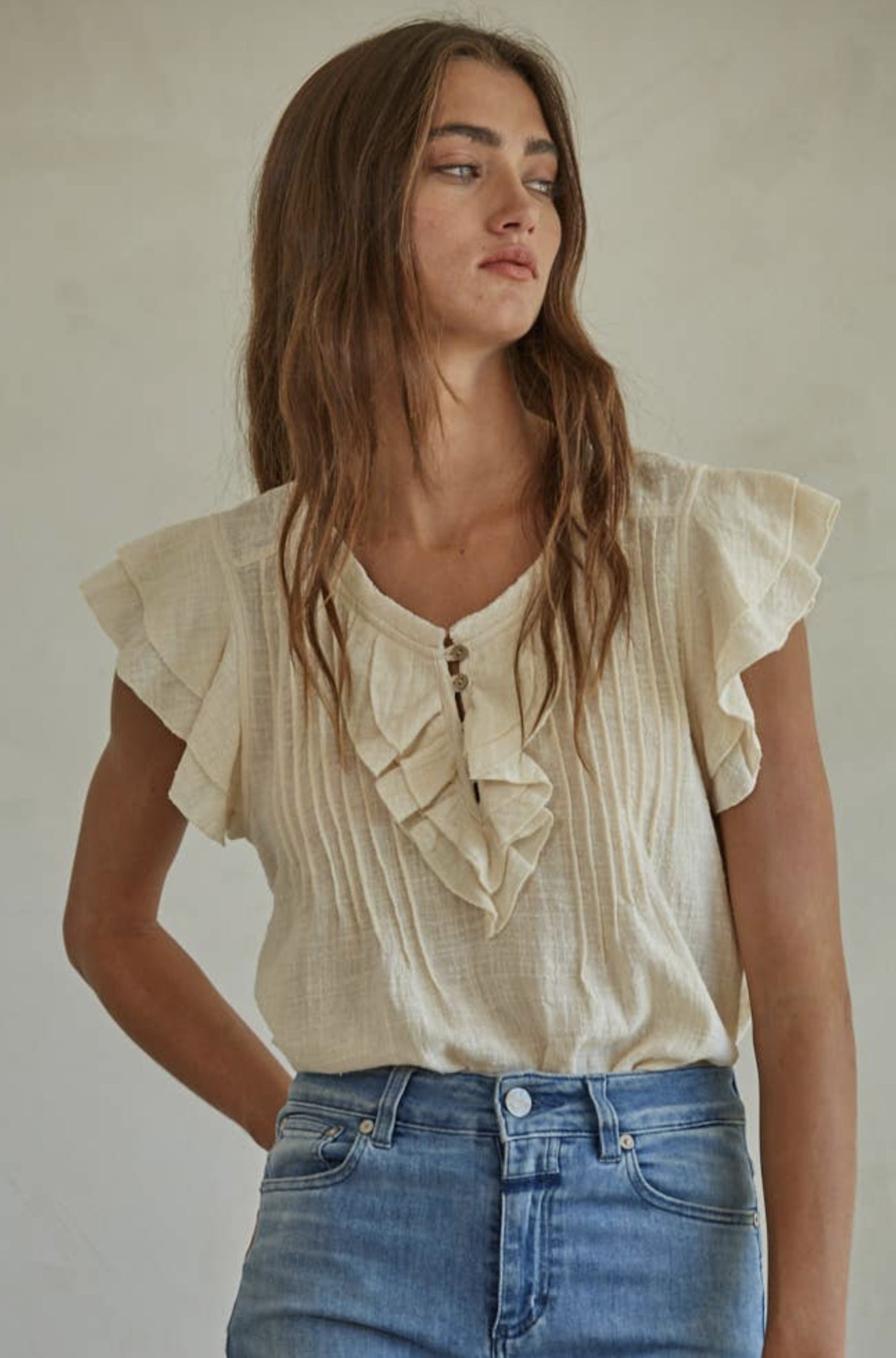 Woven Cotton Linen Button V-Neck Short Sleeve Top (Cream color) - by By Together®