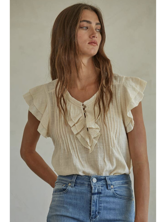 Woven Cotton Linen Button V-Neck Short Sleeve Top (Cream color) - by By Together®