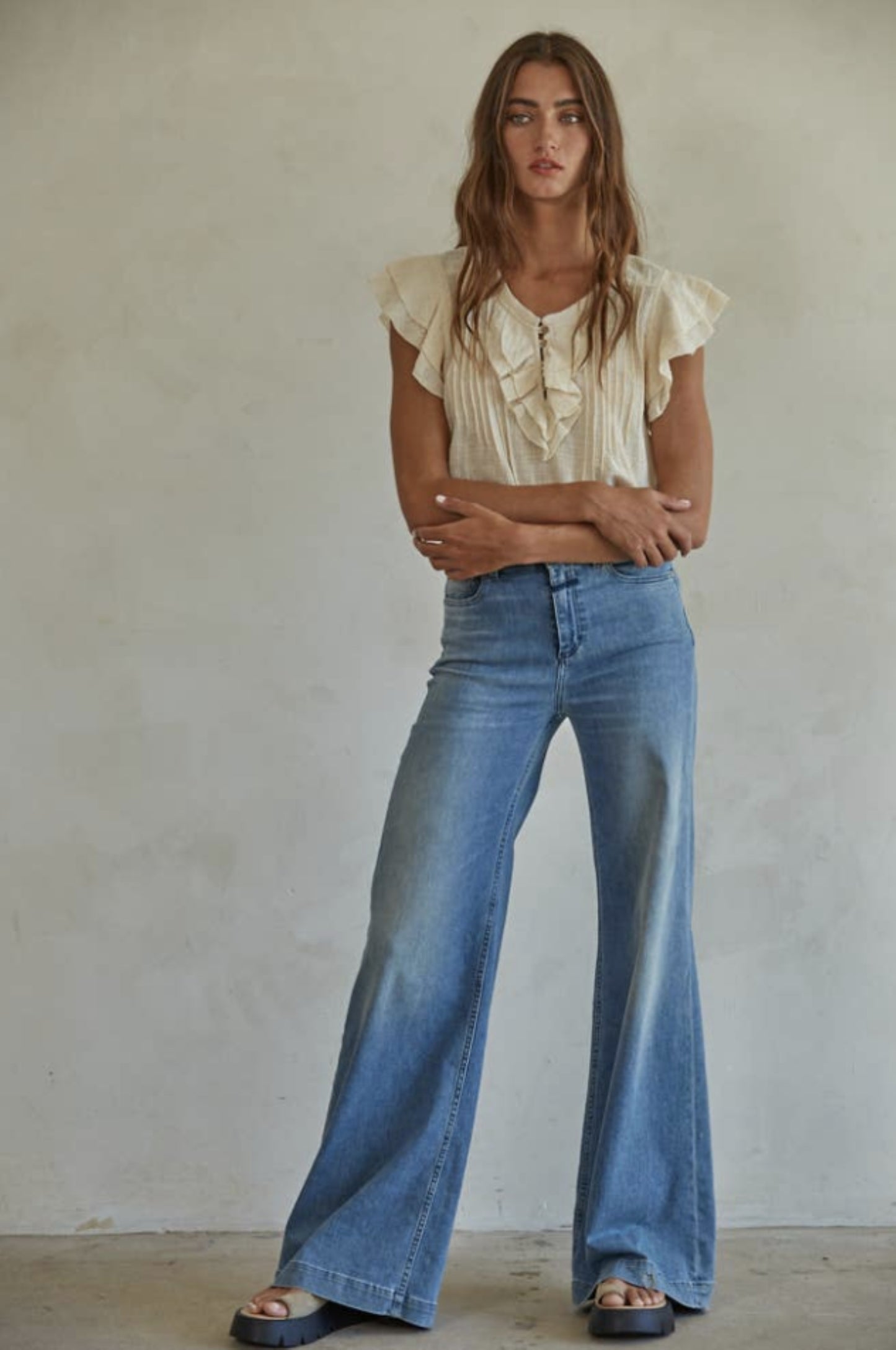 Woven Cotton Linen Button V-Neck Short Sleeve Top (Cream color) - by By Together®